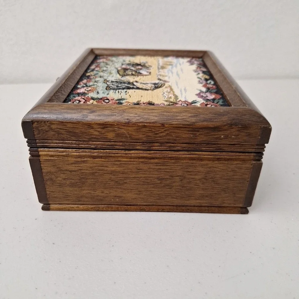 Vintage Tapestry Jewelry Box Art Floral Women Working Field Country Farmhouse